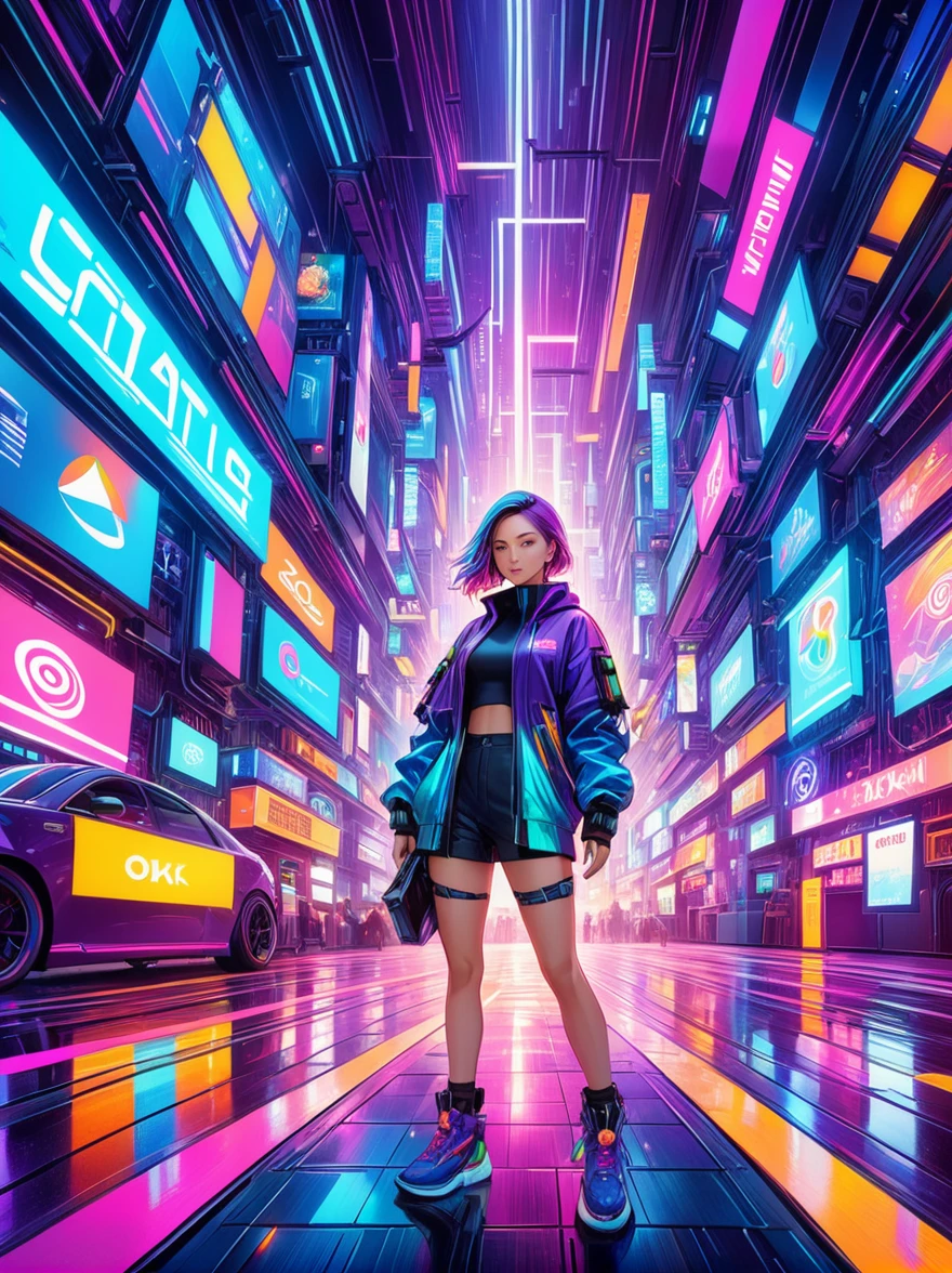 (((whole body)))，(Wide-angle lens:1.8)，(panoramic:1.8)，(((8k，Bright colors，Bright，Ultra high saturation，RGB color))), 1 Girl，Y2K style，Collage art，Cyberpunk Background，Celluloid Shadow，Soda，blue，Purple，whole，Bionic rose with clear details, Cyber Scent