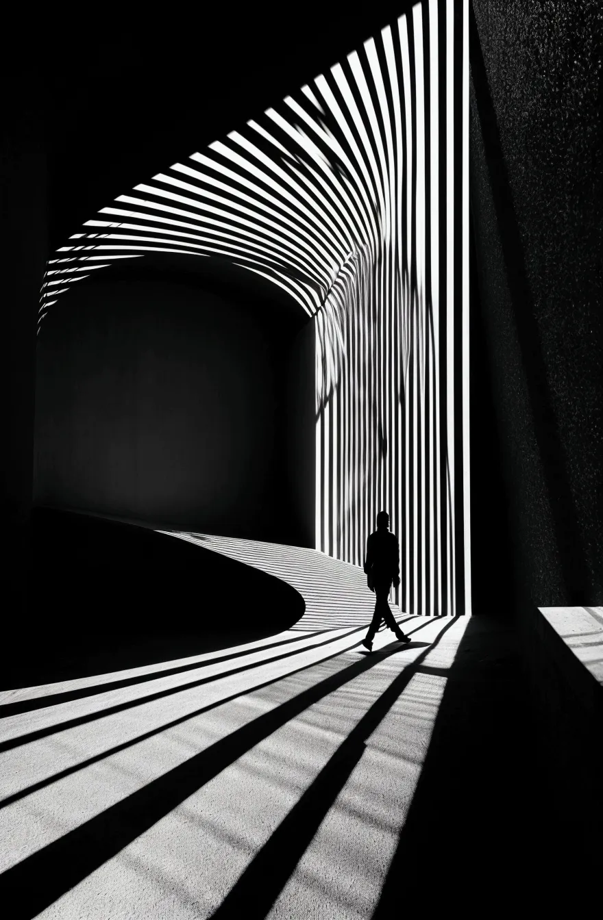 a black and white photo of a person walking through a tunnel, deep lines and shadows, light and shadow contrast, strong light an...