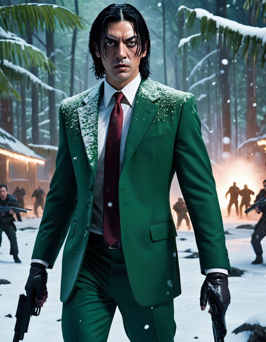 a photorealistic villian character in jungle, 6 feet tall, black eyes, black hair, a injury cut on his face , wearing a dark green suit, full shot, walking in snow in between two gangs figting in background with guns blazing, blood scattering all around, the snow ground which is covered in pool of blood, background covered with trees, night blue lighting, cinematic lighting.