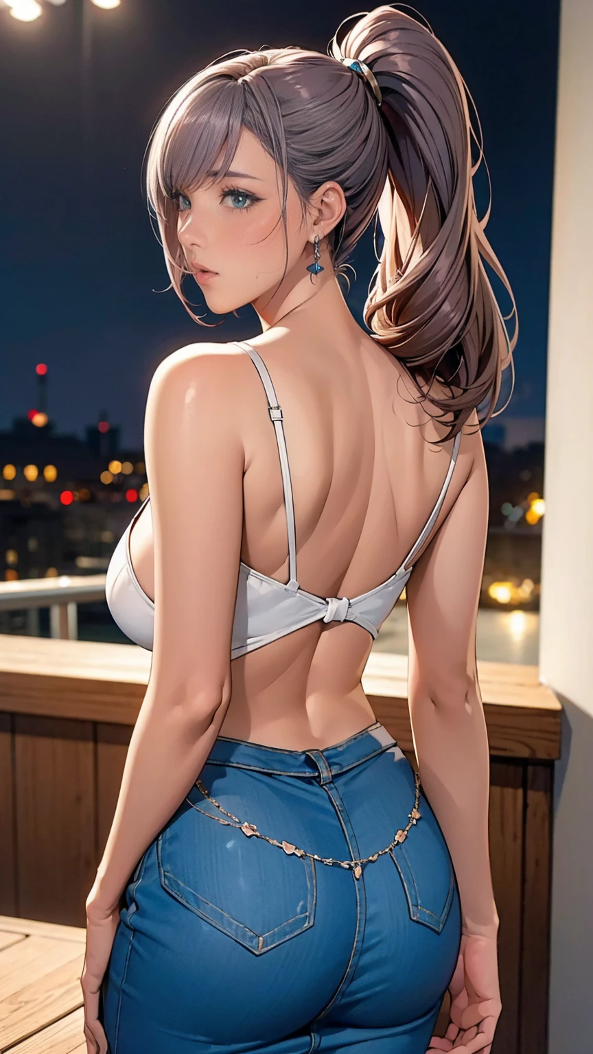 (highest quality, masterpiece:), ultra-high resolution, night, inside stadium, Korean gravure model, 24 years old, tight, back shot:1.5, looking back over the shoulder:1.5, wearing outfit, high leg, gigantic breasts, puffy nipple:1.4, skinny, bangs, long hair, brown hair, side ponytail, choppy hair, unkempt hair:1.2, feather hair ornament, gorgeous earrings, beauty, embarrassed, blush:1.3, mature woman,