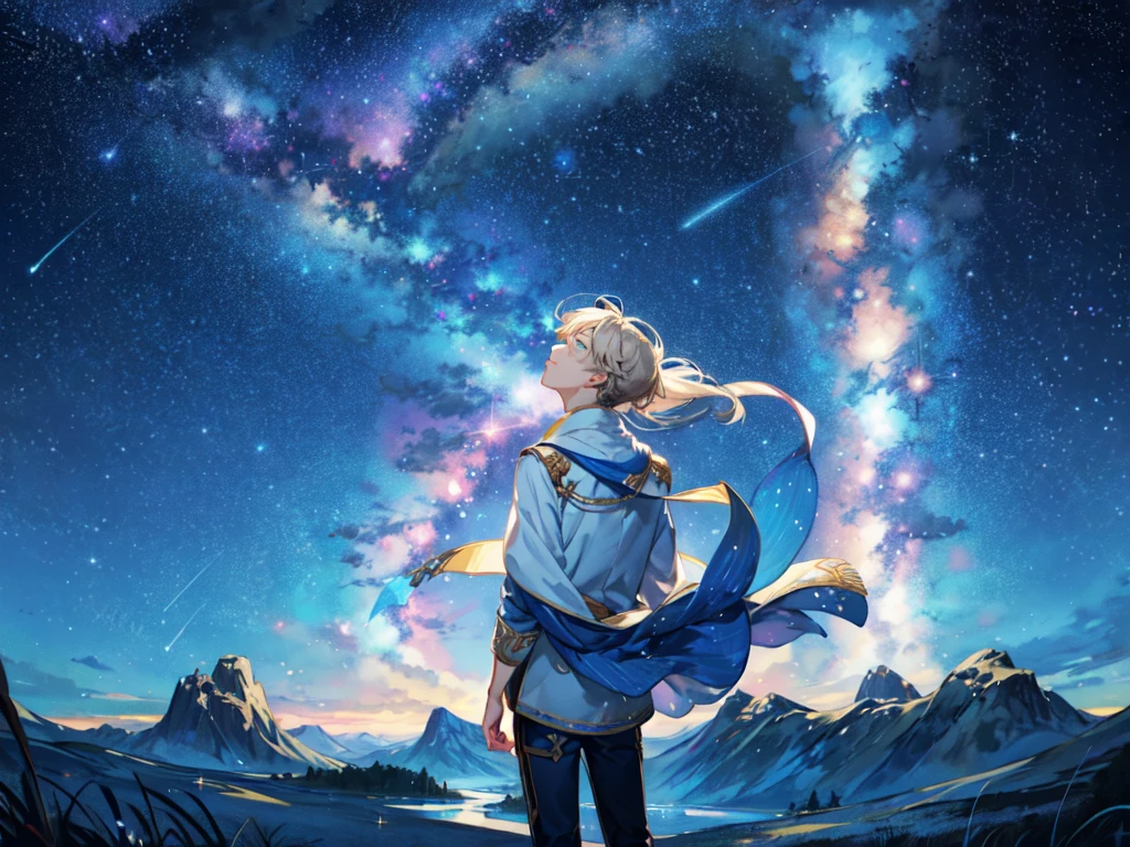 Under the starry sky, you stand, surrounded by beautiful shining stars. Looking up at the sky, you seem to be contemplating something. Your expression is quiet and calm, as you face yourself under the starry sky, Reach for the sky,Stand with your back turned