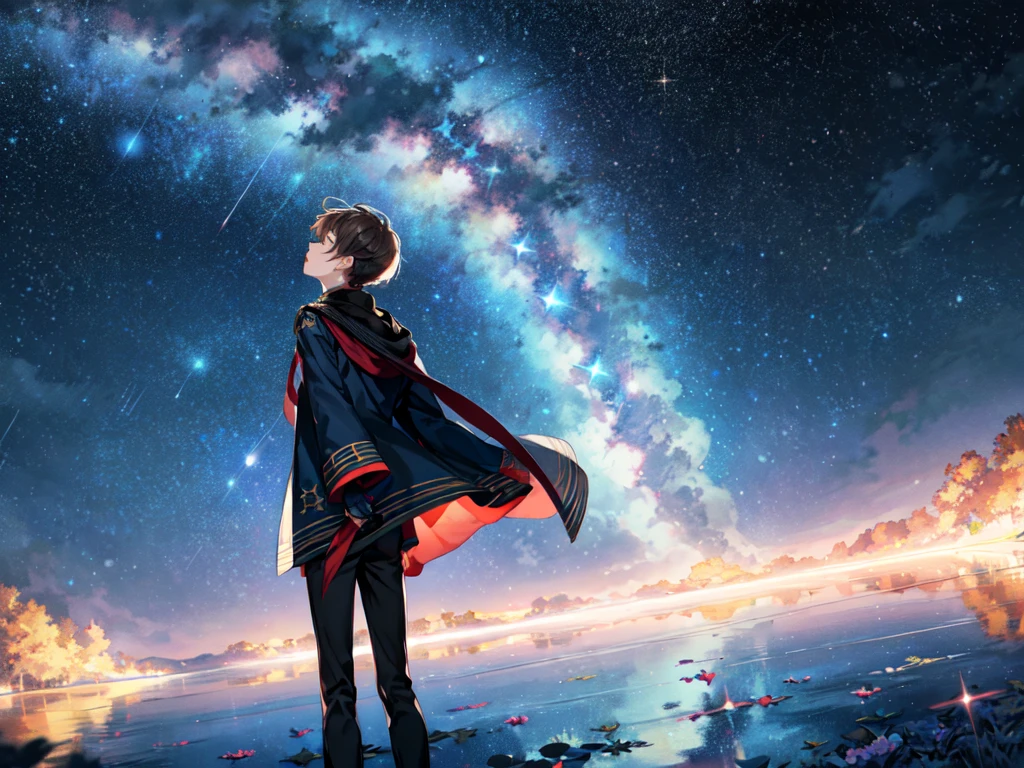 Under the starry sky, you stand, surrounded by beautiful shining stars. Looking up at the sky, you seem to be contemplating something. Your expression is quiet and calm, as you face yourself under the starry sky, Reach for the sky,Stand with your back turned, Color tones: Red, Black