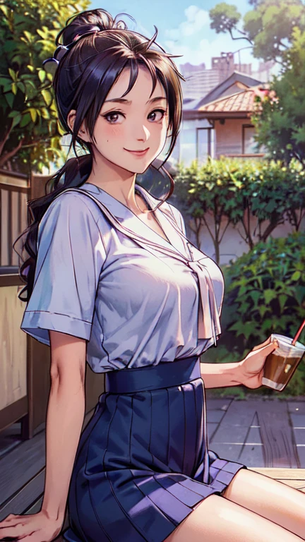 ((masterpiece)),((Ayako Katagiri)),((Katagiri Ayako)),((Mischievous Smile)),Anatomically perfect fingers,(((Kirameki High School Uniform))),(((Cafe Terrace))),(((A moment of summer))),(((Drinking iced coffee)))