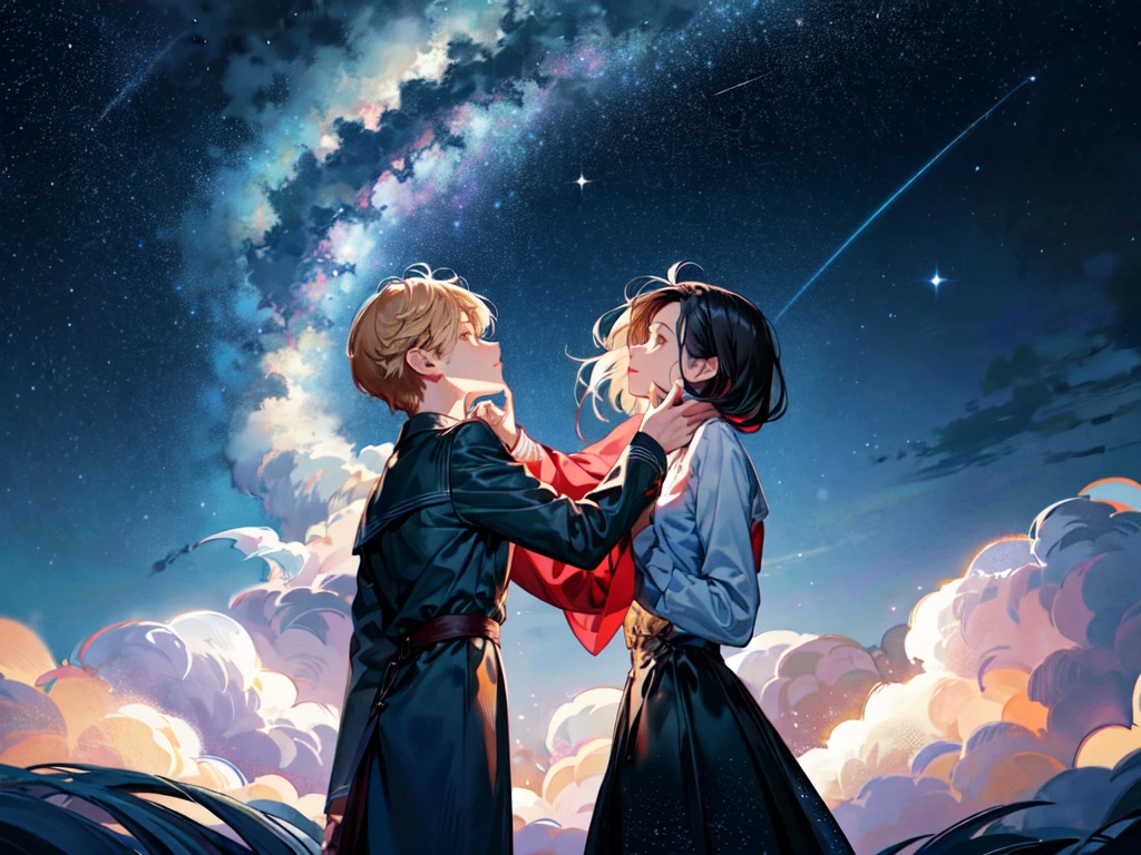 Under the starry sky, you stand, surrounded by beautiful shining stars. Looking up at the sky, you seem to be contemplating something. Your expression is quiet and calm, as you face yourself under the starry sky, Hands reaching for the sky,Stand with your back turned, Color tones: Red, Black