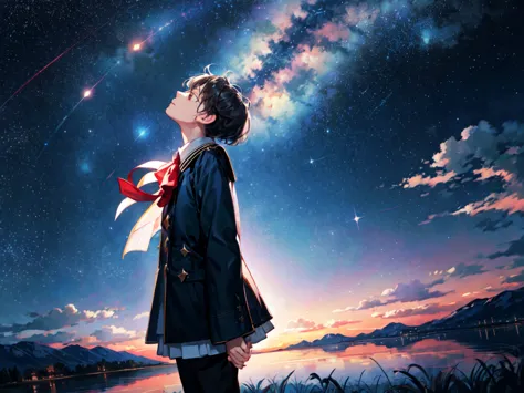 under the starry sky, you stand, surrounded by beautiful shining stars. looking up at the sky, you seem to be contemplating some...