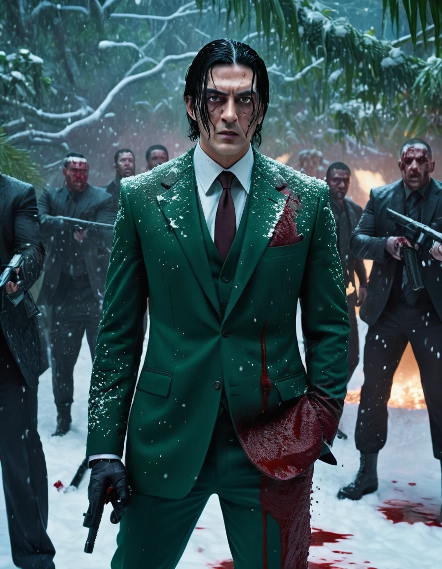 a photorealistic villian character in jungle, 6 feet tall, black eyes, black hair, a injury cut on his face , wearing a dark green suit, full shot, walking in snow in between two gangs figting in background with guns blazing, blood scattering all around, the snow ground which is covered in pool of blood, background covered with trees, night blue lighting, cinematic lighting.