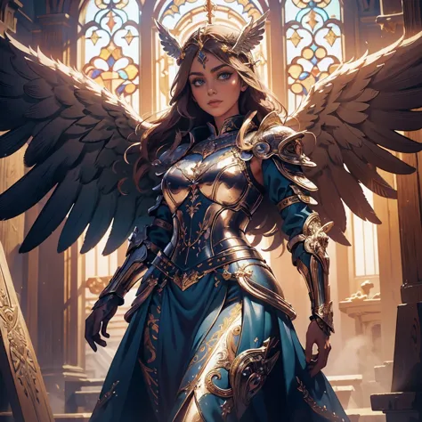 church, perfect realistic angel, eivor, wings, valkyrie armor, angel wings, winged helmet, priestess clothes,wooden house, (insa...