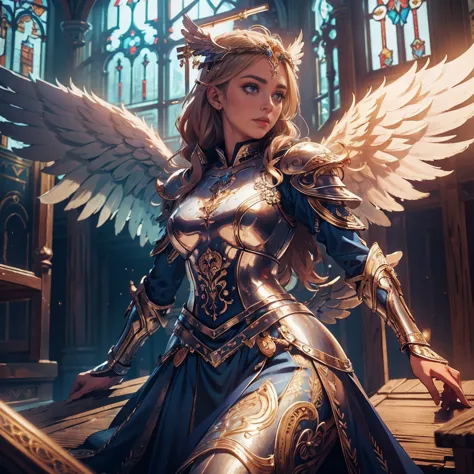 church, perfect realistic angel, eivor, wings, valkyrie armor, angel wings, winged helmet, priestess clothes,wooden house, (insa...