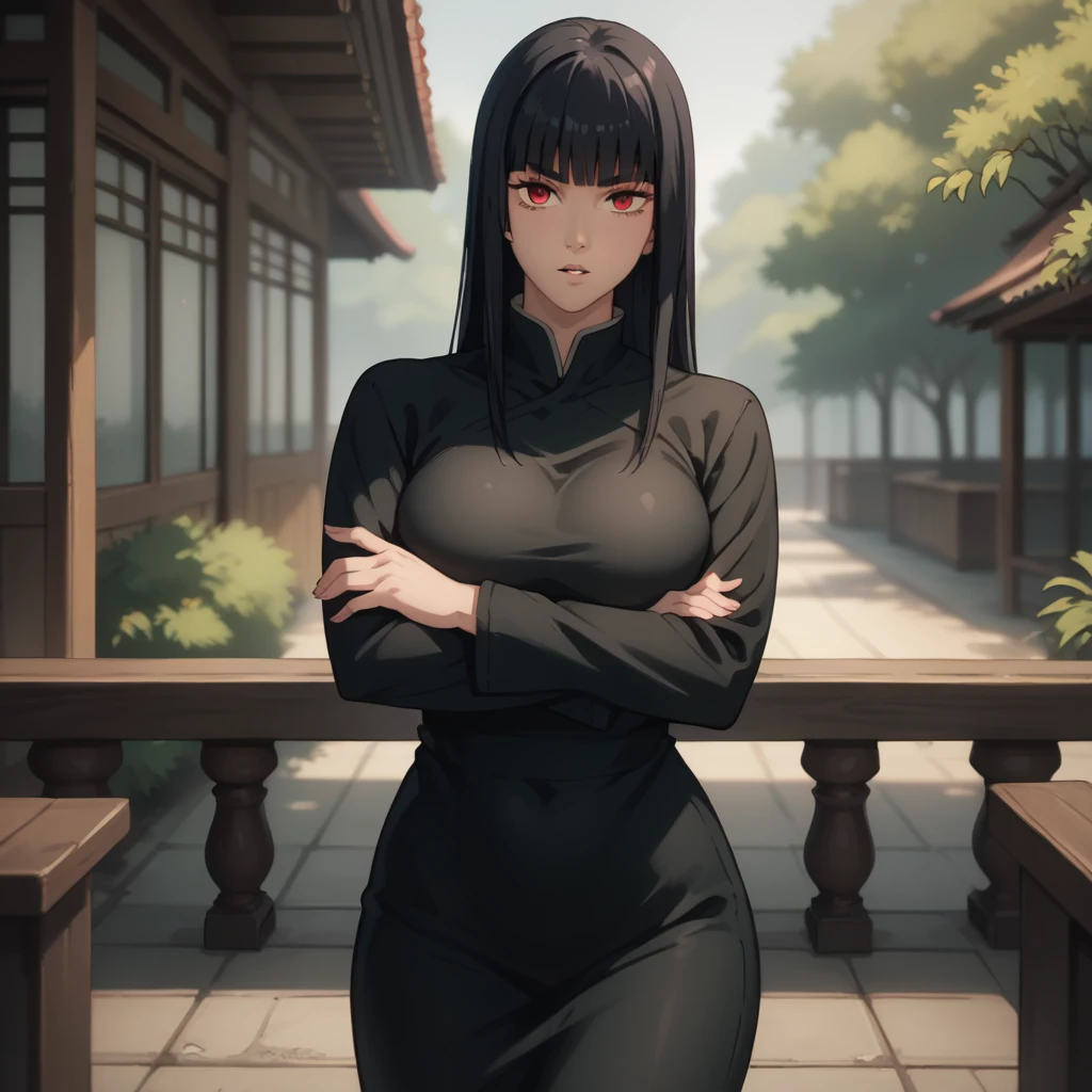 looking at viewer,parted lips, stoic face, crossing arms, confident, in kyoto jujutsu high,
solo,
Fubuki,1girl,black hair,hime cut,red eyes, attractive,
Big breasts, curvy body,
Wide hip,
long midi-length black tight-fitting gown which has fitting long sleeves and high neck.