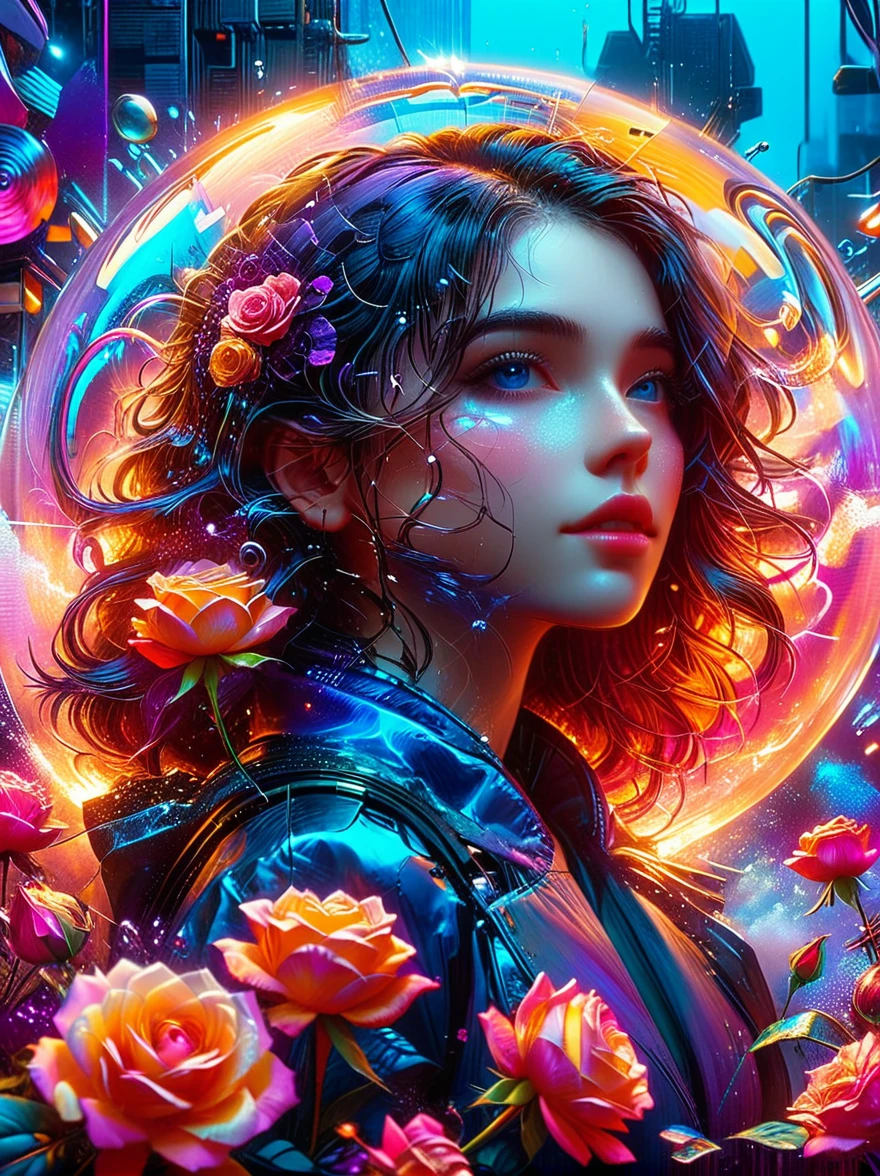 (((whole body)))，(Wide-angle lens:1.8)，(panoramic:1.8)，(((8k，Bright colors，Bright，Ultra high saturation，RGB color))), 1 Girl，Y2K style，Collage art，Cyberpunk Background，Celluloid Shadow，Soda，blue，Purple，whole，Bionic rose with clear details, Cyber Scent