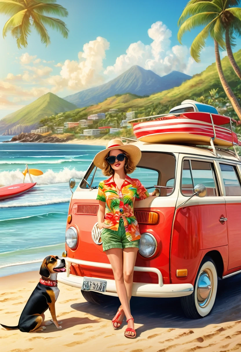 a beautiful young woman wearing sunglasses, a straw hat, a vintage aloha shirt, sandals, holding a surfboard, with a beagle dog, on a beach with a red vintage volkswagen car, cityscape in the background, cinematic lighting, vibrant colors, beautiful detailed eyes, beautiful detailed lips, extremely detailed face, long eyelashes, (best quality,4k,8k,highres,masterpiece:1.2),ultra-detailed,(realistic,photorealistic,photo-realistic:1.37),highly detailed,intricate details,vivid colors,warm lighting,city pop aesthetic