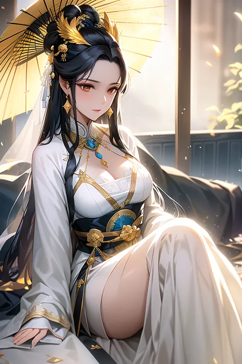 Black Hair, Immortal, Beauty, Royal sister, Stepmother, White Taoist robe, Golden Phoenix Coronet, Hair Bunch, Mature Woman