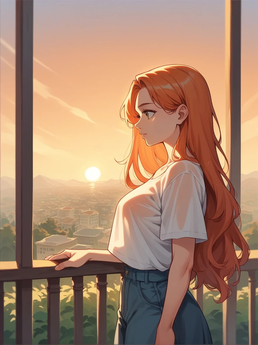 score_9, score_8_up, score_7_up, score_6_up, score_5_up, score_4_up,1girl, orange hair, portrait, long hair, wearing transparent tshirt, standing in balcony, sunset