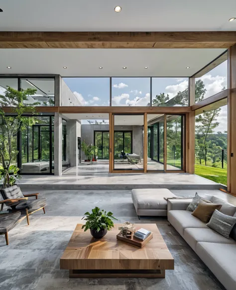 imagine a bird view at modern mansion with concrete and oak wood elements, surrounded by nature. embrace sleek, contemporary arc...