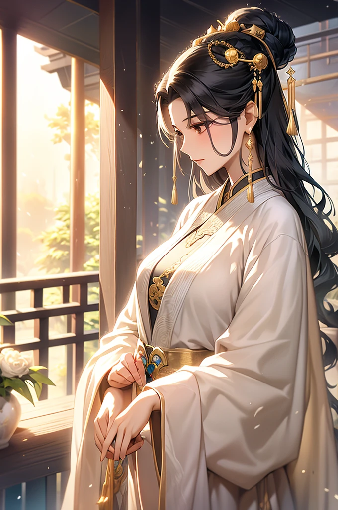 Black Hair, Immortal, Beauty, Royal sister, Stepmother, White Taoist robe, Golden Phoenix Coronet, Hair Bunch, Mature Woman