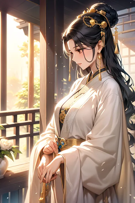 black hair, immortal, beauty, royal sister, stepmother, white taoist robe, golden phoenix coronet, hair bunch, mature woman