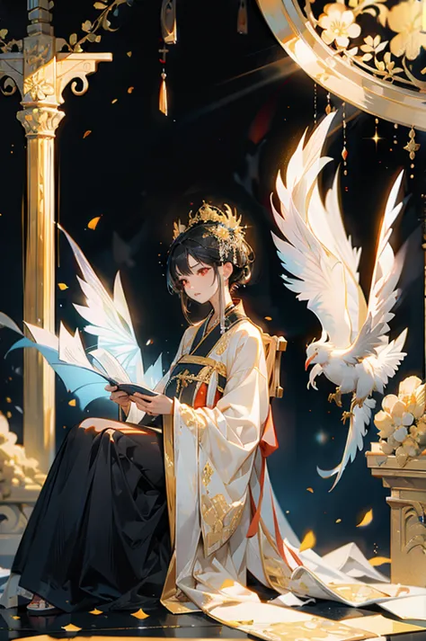 black hair, immortal, beauty, royal sister, stepmother, white taoist robe, golden phoenix coronet, hair bunch, mature woman