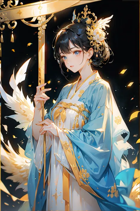 black hair, immortal, beauty, royal sister, stepmother, white taoist robe, golden phoenix coronet, hair bunch, mature woman