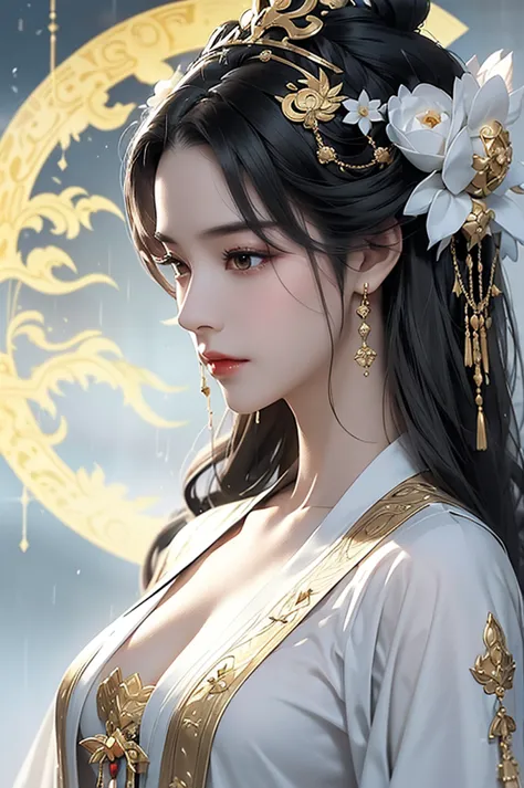 Black Hair, Immortal, Beauty, Royal sister, Stepmother, White Taoist robe, Golden Phoenix Coronet, Hair Bunch, Mature Woman