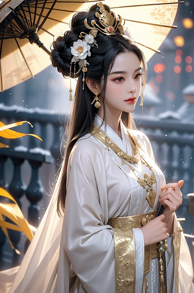 Black Hair, Immortal, Beauty, Royal sister, Stepmother, White Taoist robe, Golden Phoenix Coronet, Hair Bunch, Mature Woman