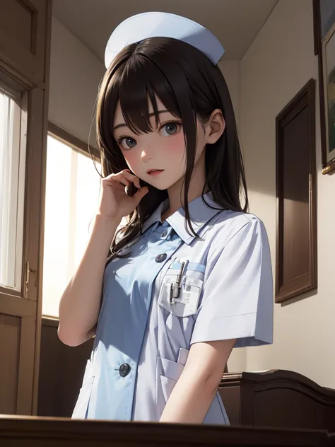 masterpiece, best quality, 1girl, solo, 10years old, flat chest, shoulder length hair, blue nurse uniform, examining room, portr...