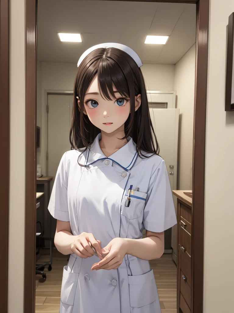 masterpiece, best quality, 1girl, solo, 10years old, flat chest, shoulder length hair, blue nurse uniform, examining room, portrait.