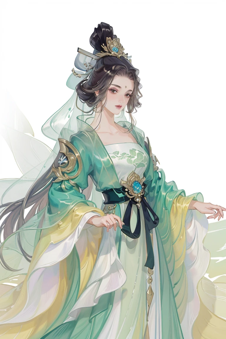 (((tmasterpiece, Best quality at best, Ultra-high resolution, CG unified 8K wallpaper, Best quality, ultra - detailed, ultra HD picture quality))), 1 girl, cabelos preto e longos, game fairy, Lotus lotus leaf decoration, Greencoat, Hanfu, yarn, flowing gauze, jewely, ((Colorful)), Nice face, beautidful eyes, Beautiful hairstyle, Beautiful costumes, Structurally sound