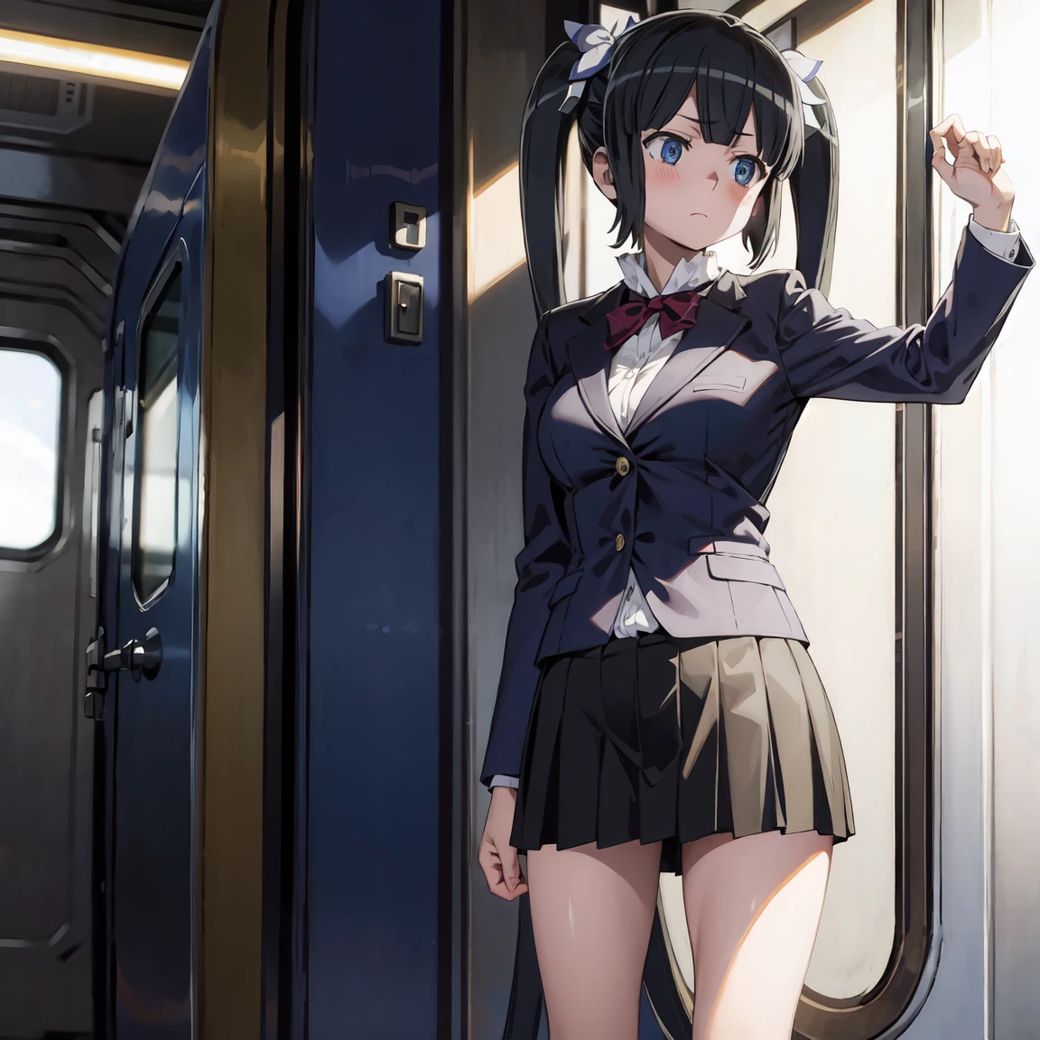 A middle-aged man is lifting up the skirt of a girl with bob-black hair, a blazer uniform, a navy blue checked skirt and floral panties, who is standing on a train with a blushing face and bowed head.、whole body
