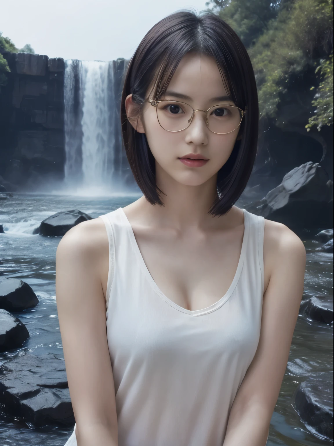 Bust shot of a short-haired young boyish sensual beautiful 31-year-old woman in tank top, ((wearing glasses)), medium breasts, standing under a cascade, neogeo, private press, inspired by Rena Nounen, Rena Nounen, Rena Nounen style, young glamourous idol, young pretty gravure idol, of a youthful japanese beauty, precisionism, neoclassicism, best quality, super detailed, masterpiece, 32K, (((Best Quality))), ((Ultra-detailed)), ((extremely delicate and beautiful))