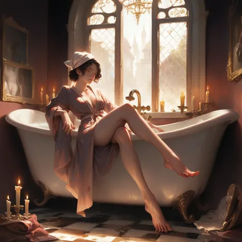 a woman bathing in a vintage style bathroom, highly detailed, clawfoot bathtub, tiled floors, vintage vanity, candles, luxurious...