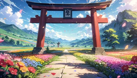 anime aestetics, anime scenery, japanese torii gate standing in the open field, a few stones on the field, diverse landscape, be...