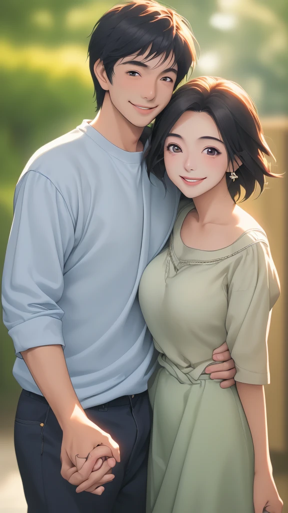 Mature couple,shoulder to shoulder,Holding hands,smile,幸せなsmile,Casual shirts,very happy, (masterpiece、Highest quality)、Best details,Blurred background
