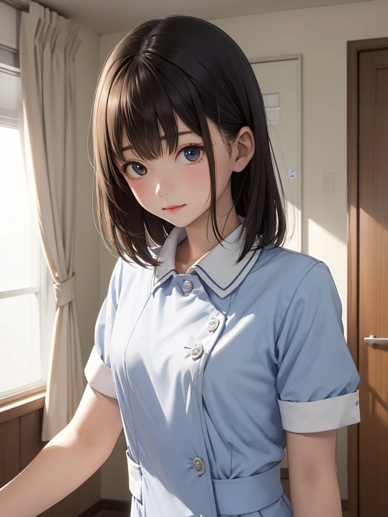 masterpiece, best quality, 1girl, solo, 10years old, flat chest, shoulder length hair, blue nurse uniform, examining room, portrait.