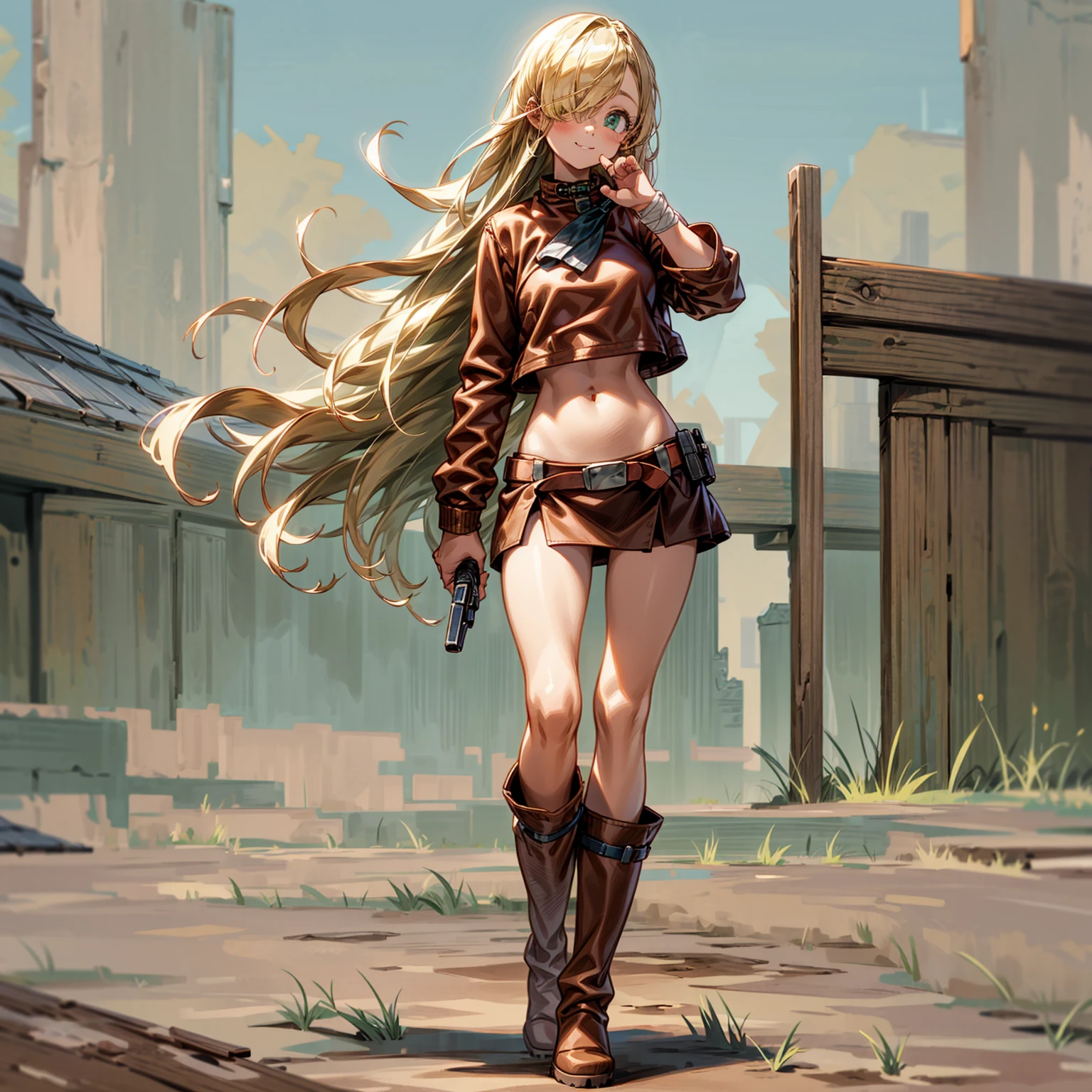 Solo character, full body version, baby kid girl, blonde hair, long haircut, one eye covered by hair, green eyes, cute face, sad eyes, smile mouth, crop top, Brown leather jacket, long skirt, bandage around the neck, bandage on the hand, boots, standing gesture, hand gun in hand, outdoor, town, skyblue 