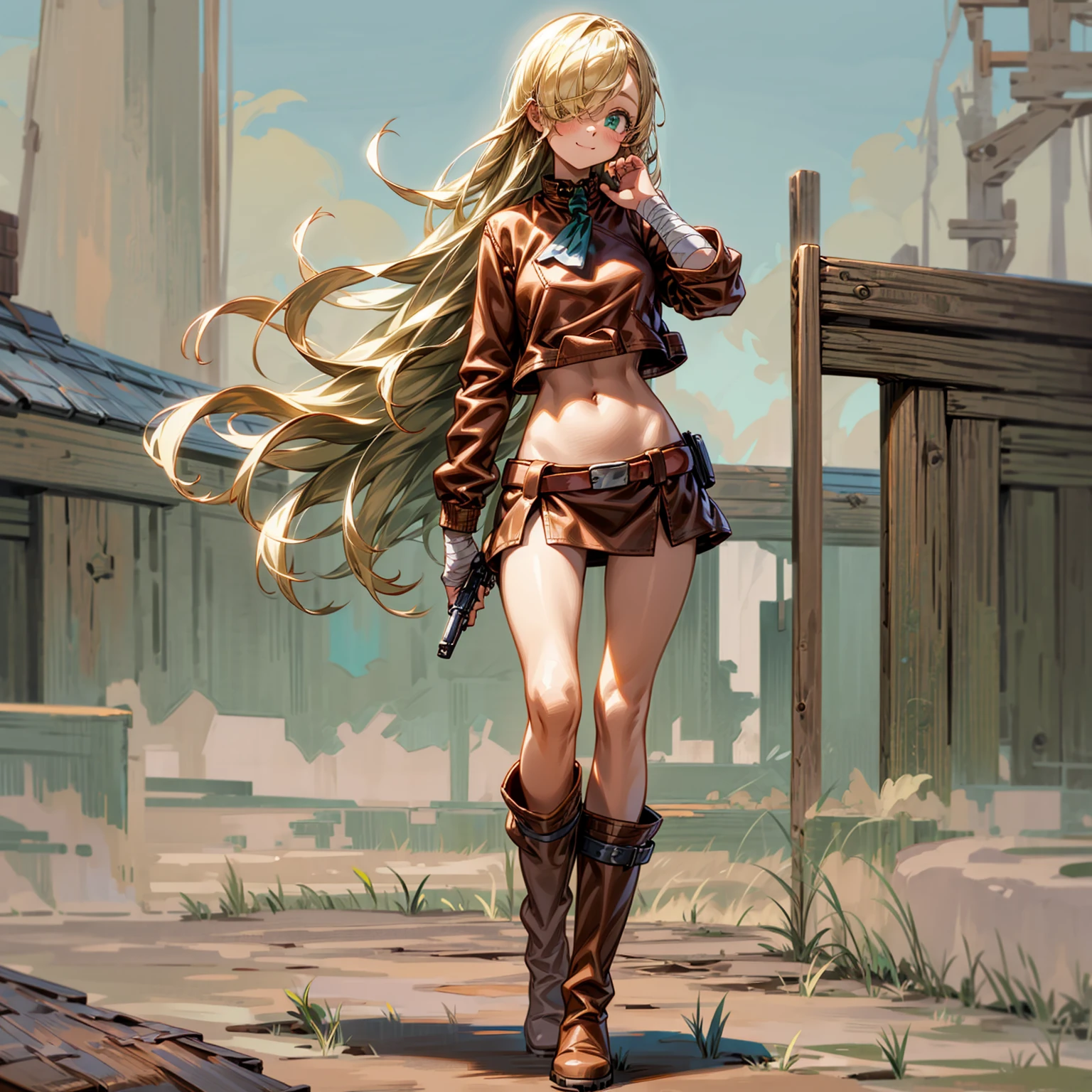 Solo character, full body version, baby kid girl, blonde hair, long haircut, one eye covered by hair, green eyes, cute face, sad eyes, smile mouth, crop top, Brown leather jacket, long skirt, bandage around the neck, bandage on the hand, boots, standing gesture, hand gun in hand, outdoor, town, skyblue 