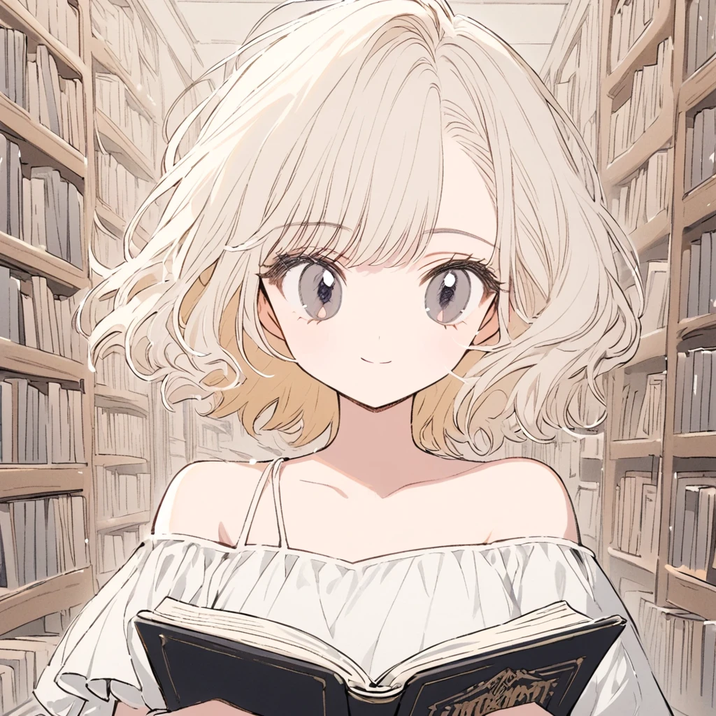 girl, smile, white hair, short hair, (((light brown inner hair))), black and gray eyes, white Off-the-shoulder onepiece, reading book, Look at me strangely, book rack background