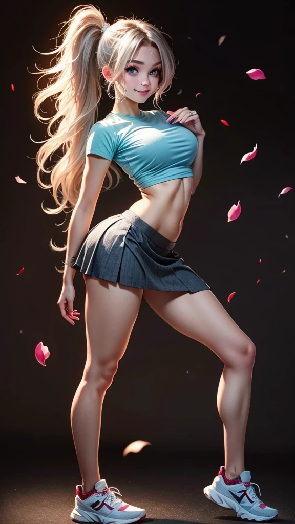 realistic image, detailed image, coherent image, 1 beautiful girl, she has very long hair, white hair, light blue eyes, smiling expression. She is wearing a long-sleeved t-shirt, showing her navel, a pleated miniskirt, sneakers, She has a curvy body, medium breasts and thick thighs, She is posing sensually, lifting her skirt a little, arching her back, black background, uniform background, starry night, flower petals falling around, Soft focus, full body view, Dramatic shadows, Volumetric lighting, natural lighting,Alisa Mikhailovna Kujou,ahoge