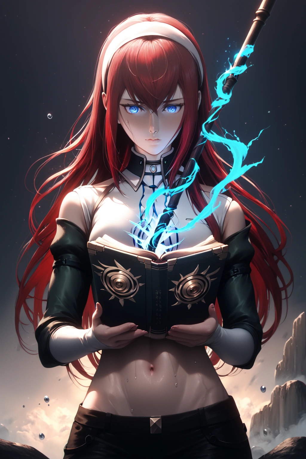 score_9, score_8_up, score_7_up, score_6_up, score_5_up, score_4_up, uncensored, makise kurisu, red hair, long hair, dark-blue eyes, black pupils, BREAK (masterpiece:1.2), best quality, high resolution, (detailed eyes:1.3), perfect lighting, (perfect hands, perfect anatomy),  1girls, holding, female focus, book, staff, floating, robe, open book, holding staff, veil, navel, elbow gloves, torn clothes, water drop, temple, rock, starry sky, dusty, wind art,