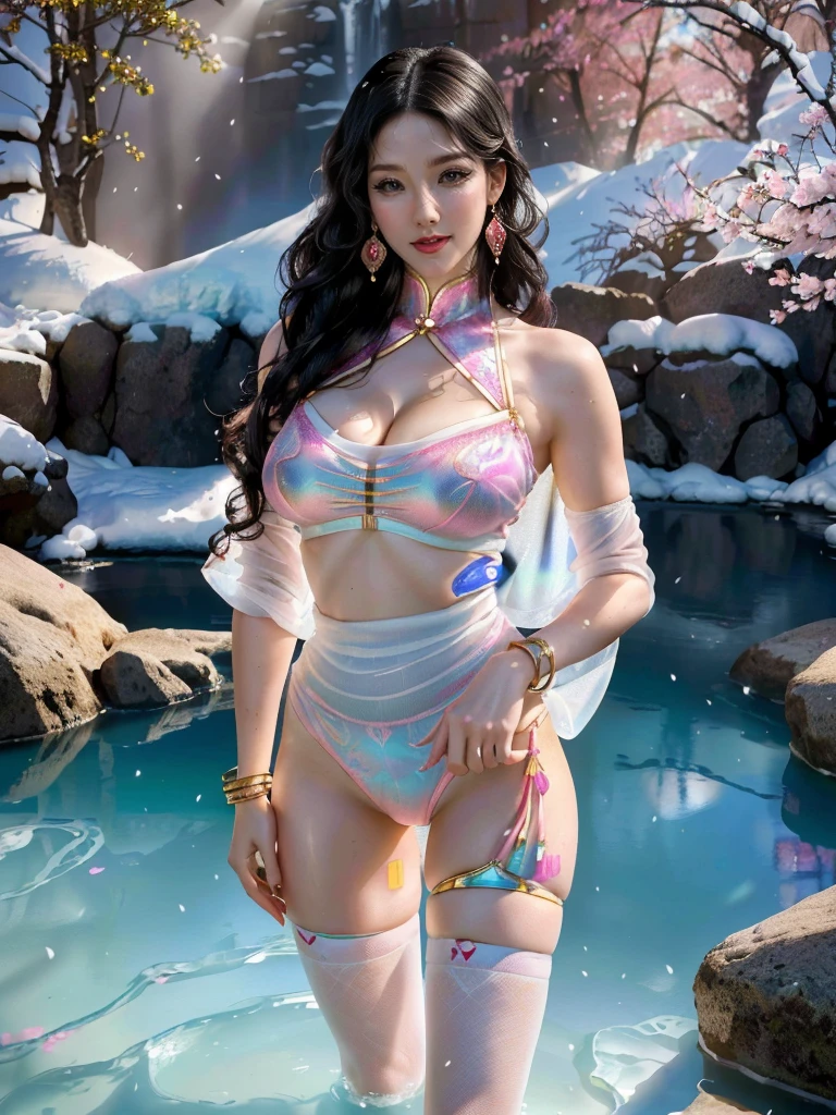 A female model, (Race:Chinese),((night),(Snowy mountain hot spring, moonlight)), (8K Ultra HD, 8K, Ultra-high resolution, best quality, masterpiece, Surrealism, Masterpieces), ((((Exquisite facial features，Exquisite face))), (Creating the image of a real girl), warm light, Realistic shadows, Dynamic poses, Elegant Posture, Cowboy lens, Full body front view, Be confident, Body facing the camera, Standing facing the camera, Open your legs slightly, Golden Ratio Graphics, Minimalism), (Happy smile, Big watery eyes, Cherry Blossom, Balanced Eyes, Perfect beautiful face, Normal facial features, Realistic skin, Attention to skin details, Sports body, cosmetic, earrings, bracelet, necklace, Jewelry, veil, Hair accessories, Headdress), ((beautiful hair), black hair, Wavy curly hairstyle, Waist-length hair, Messy Hairstyle, Gradient hairstyles, Cyberpunk hairstyle), ((Transparent clothes：1.0), (The color of the clothes: Pink),  穿着透明的Science Fiction衣服), (Sexy的, Perfect breast shape, Teardrop chest shape, Snow-white breasts, very detailed breasts, 34E cup), (Super high waist, Deep V, Low-cut, Sexy, Flattering, , (Camel toe, High fork strangulation)), (sock, Knee socks, 吊garter, Leg ring, garter, 腿部garter), (pattern:Science Fiction)