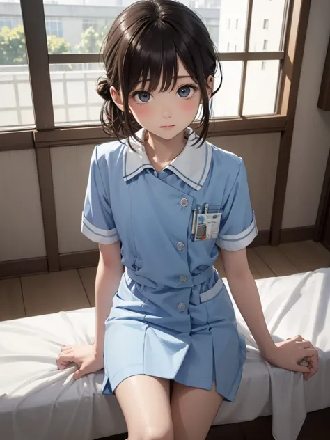 masterpiece, best quality, 1girl, solo, 10years old, flat chest, shoulder length hair, chignon, blue nurse uniform, examining ro...