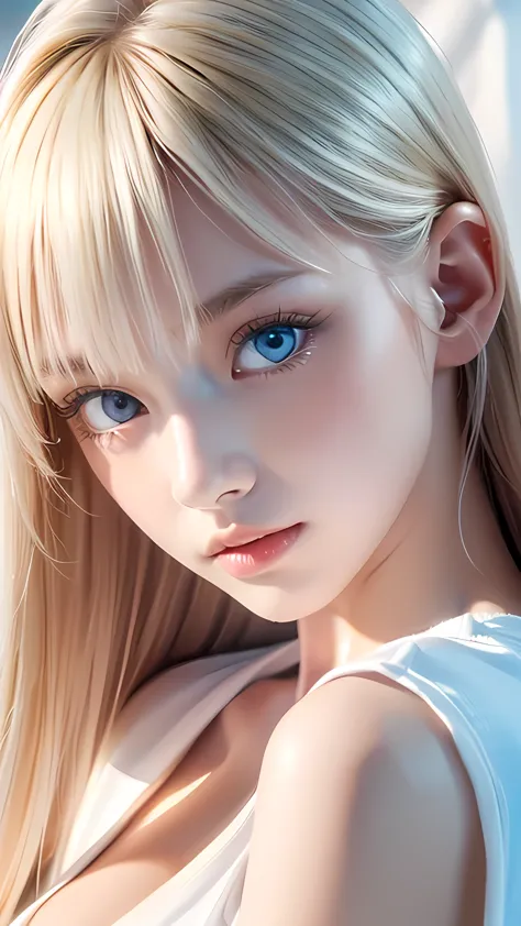 beautiful and innocent 20 year old blonde girl、beautiful shining platinum blonde hair、bangs fall on face、((wearing an open white...