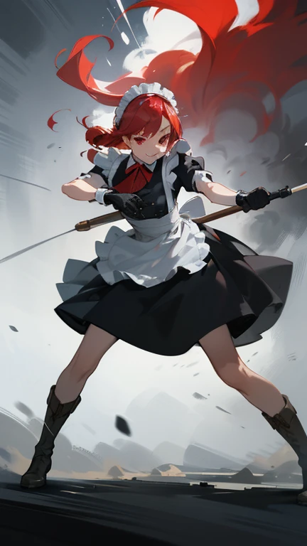 (masterpiece, Highest quality, Very detailed, Beautiful details in the eyes, Clean and delicate face), alone, (Red Bob Hair, Red eyes), (Maid clothes, White maid headband), thigh, Black gloves, Military boots, (whole body), Combat Action, Power Movement, Intense movement, Dynamic Motion Blur, Grin, Steamy atmosphere, Professional Lighting, Dynamic action scenes