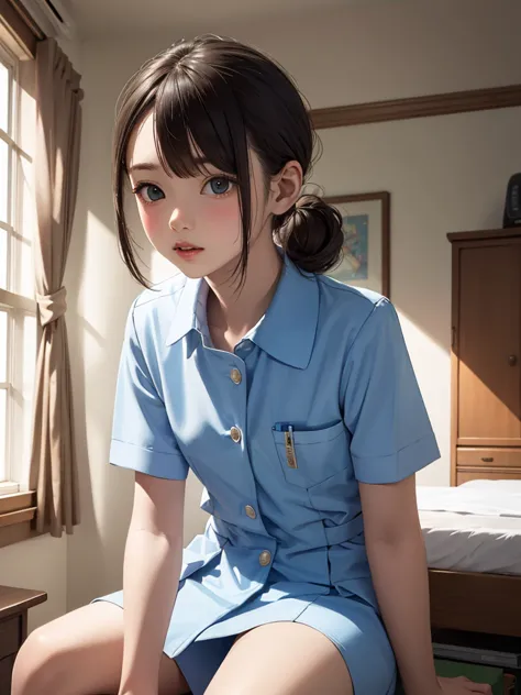 masterpiece, best quality, 1girl, solo, 10years old, flat chest, shoulder length hair, chignon, blue nurse uniform, examining ro...