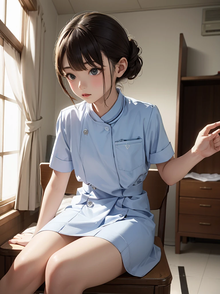 masterpiece, best quality, 1girl, solo, 10years old, flat chest, shoulder length hair, chignon, blue nurse uniform, examining room, portrait. sitting,