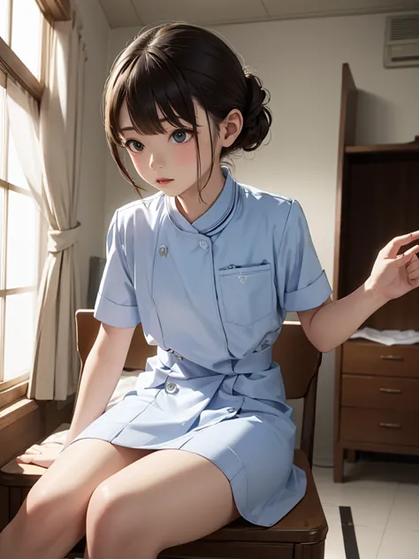 masterpiece, best quality, 1girl, solo, 10years old, flat chest, shoulder length hair, chignon, blue nurse uniform, examining ro...