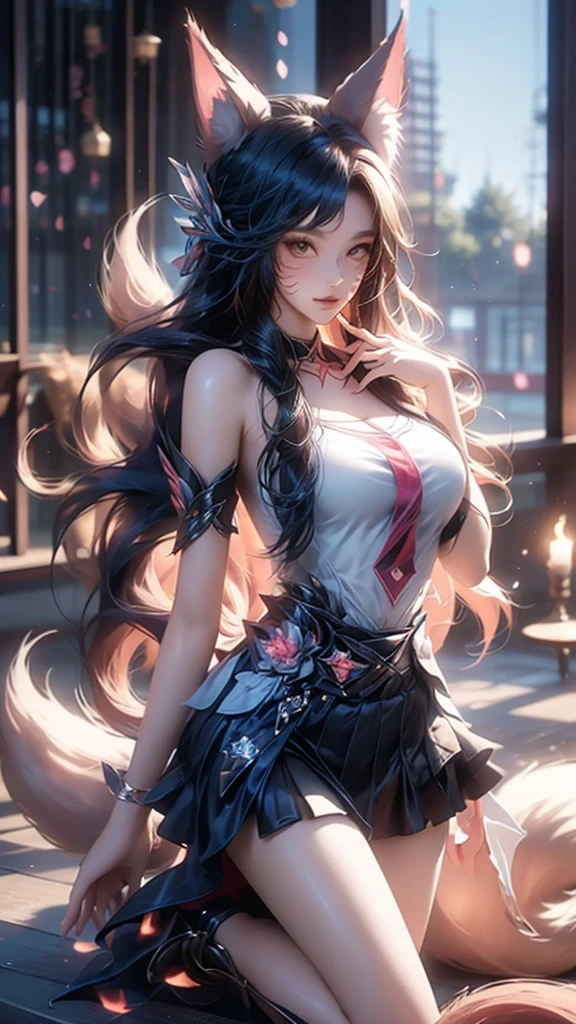 best quality,masterpiece,Ultra-high resolution,(photoactual:1.4),School,Study room,A 14-year-old  Japanese nine-tailed fox girl,,Long hair above waist,Single ponytail,Student short clothes,Short skirt,Kneel on the ground,expression,Put your finger to your mouth