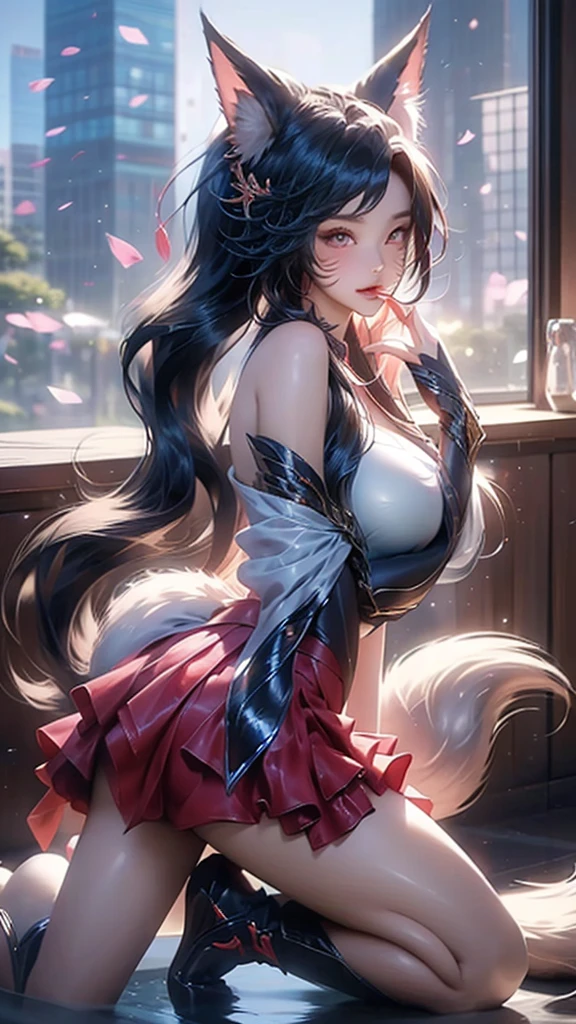 best quality,masterpiece,Ultra-high resolution,(photoactual:1.4),School,Study room,A 14-year-old  Japanese nine-tailed fox girl,,Long hair above waist,Single ponytail,Student short clothes,Short skirt,Kneel on the ground,expression,Put your finger to your mouth