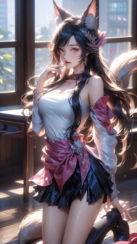 best quality,masterpiece,Ultra-high resolution,(photoactual:1.4),School,Study room,A 14-year-old  Japanese nine-tailed fox girl,,Long hair above waist,Single ponytail,Student short clothes,Short skirt,Kneel on the ground,expression,Put your finger to your mouth