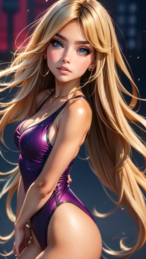 close-up of a woman wearing a purple shirt and black high-leg swimsuit, stylized anime, anime style 3d, anime style characters, ...