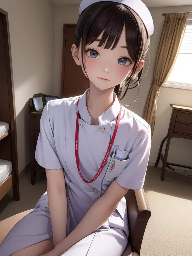 masterpiece, best quality, 1girl, solo, 10years old, flat chest, shoulder length hair, ponytail, blue nurse uniform, examining room, portrait. sitting,